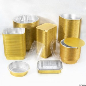 Потребителски ресторант, използван за рециклиране, изважда храна, тава за печене, кутия със златна сребърна алуминиева хранителна фолио кутия с капак